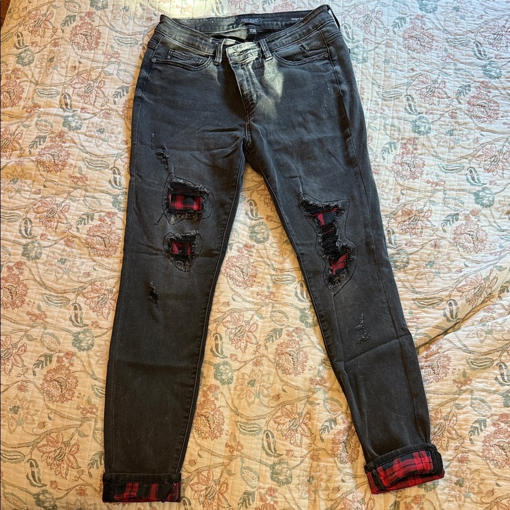 Judy Blue Black Distressed Jeans with Plaid Accents
